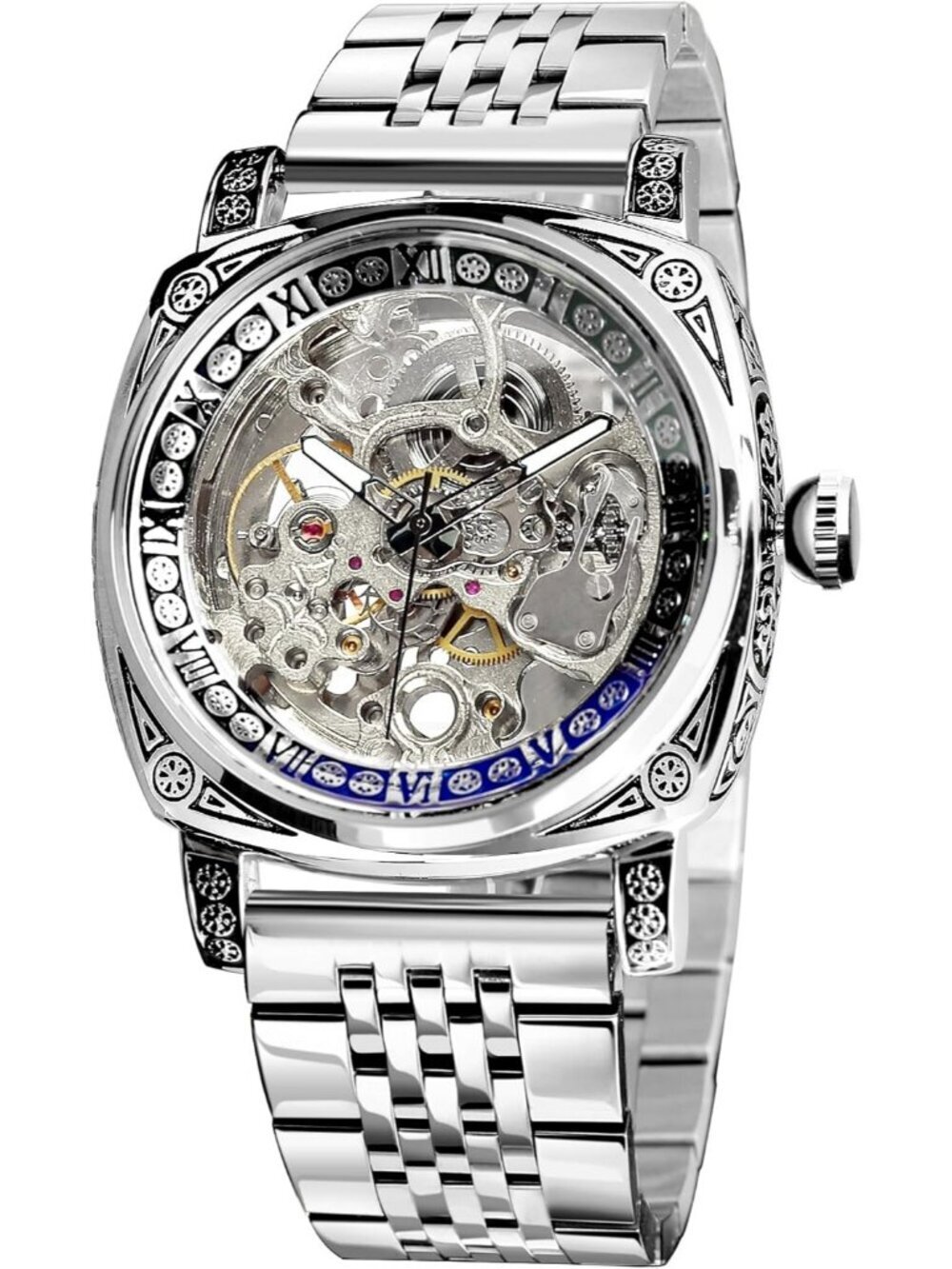 Men's Silver Square Mechanical Stainless Steel Self-Wind Carved Automatic Watch - Picture 1 of 7